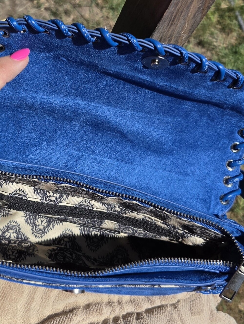Ed Hardy Royal Blue Suede Shoulder Bag with Lace-Up Trim - Picture 3 of 3